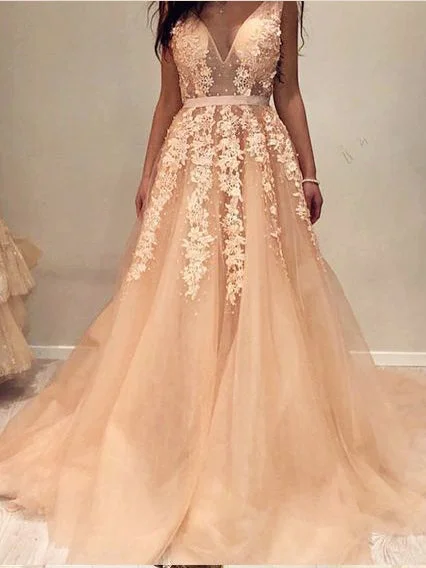 Sneak Peek Sale Open Back Prom Dresses Aline Sweep Train Appliques Long V-neck Prom Dress JKL1487