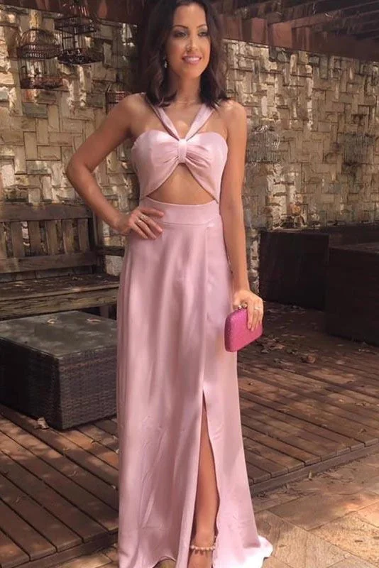 Reduced Prices Pink Halter Sweetheart Side Slit A Line Long Evening Prom Dresses GJS219