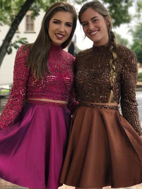 Special Savings Two Piece Homecoming Dresses Long Sleeve Sparkly Short Prom Dress Party Dress JK858