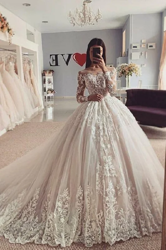 Exclusive Savings Amazing Long Sleevess Ball Gown Floral Lace Tulle Aline Bridal Gown