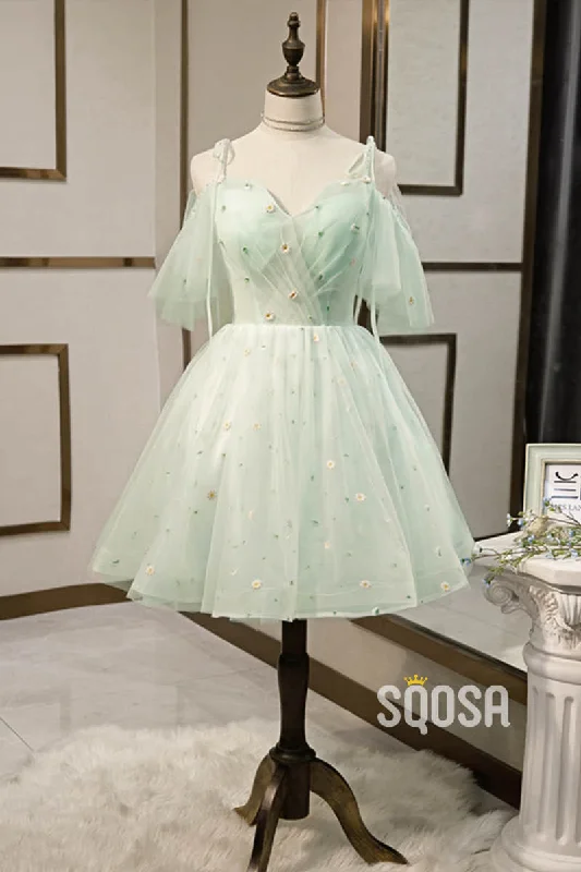 Deal Zone comfy maxi dressA-line Mint Green Tulle Appliques Short Homecoming Dress Pageant Dress QH2104