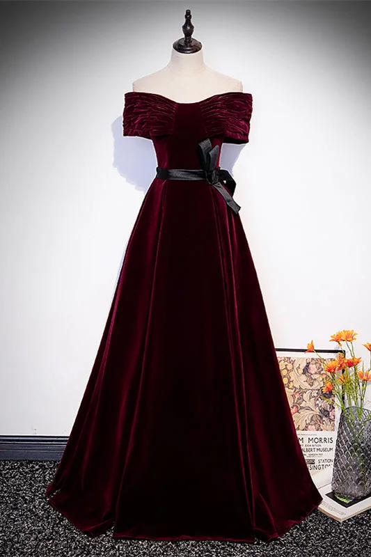 Amazing Deals wrap-around dressBurgundy Pleated Off-the-Shoulder Velvet Long Formal Dress with Sash