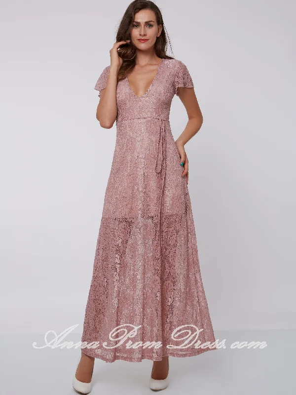 Friends and Family Sale Cheap Prom Dresses A-line V-neck Lace Floor-length Sexy Simple Prom Dress 300687