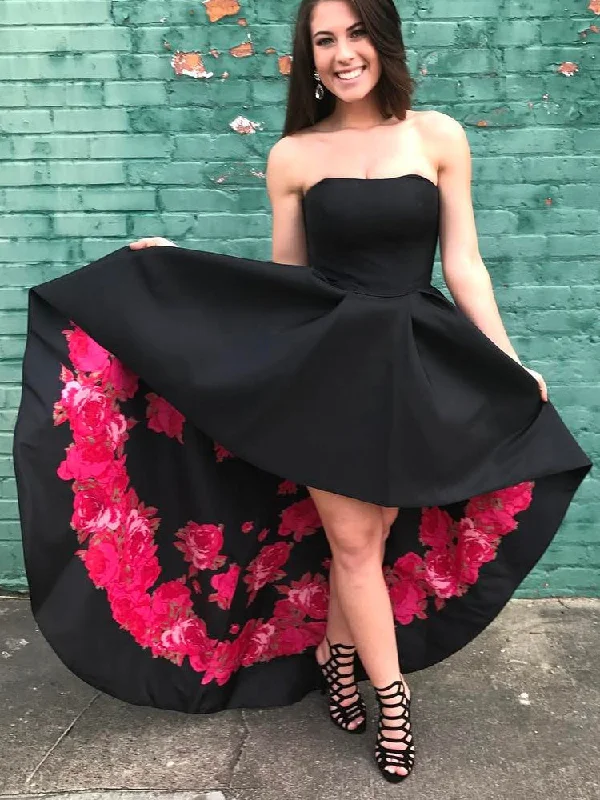 Savings Spectacular High Low Homecoming Dresses Black Floral Print Short Prom Dress Party Dress JK675