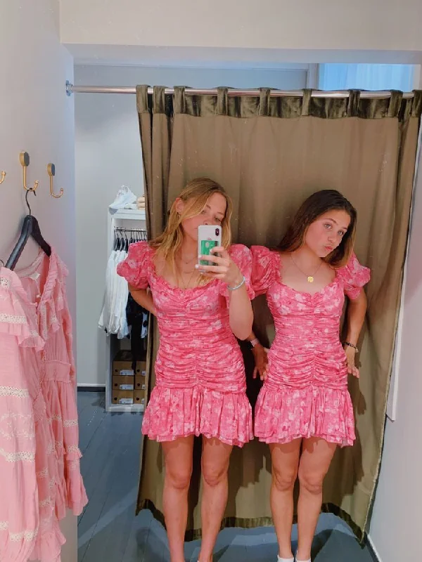 Overstock silk dressVintage Pink Floral Homecoming Dress,Pink Beach Dress Y4071