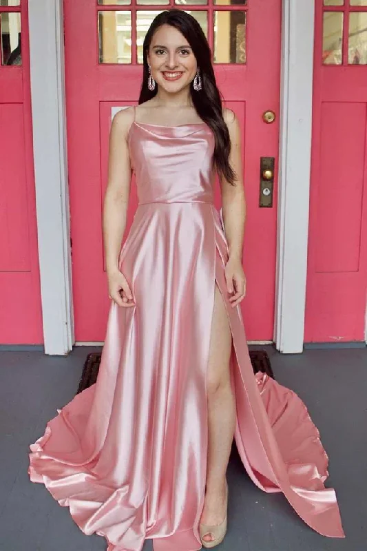 Grand Opening Sale trendy bodycon dressSimple Pink Satin Long Prom Dress with High Slit, Long Pink Formal Graduation Evening Dress Y212