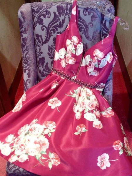 Steals and Deals Floral Print Homecoming Dresses A-line Fuchsia Short Prom Dress Party Dress JK865