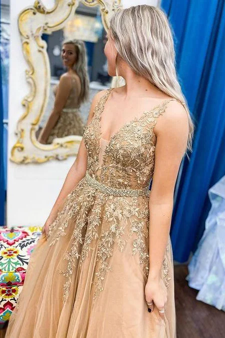 Savings Bonanza Sexy Gold A line V Neck  Sleeveless Appliques Long Prom Formal Dress GJS230