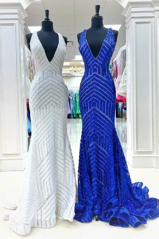 Midnight Madness party dressRoyal Blue V-Neck Sequin Long Mermaid Prom Dress