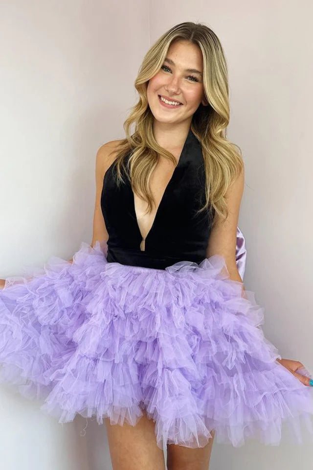 Super Sale formal dressSexy A-Line Empire V-Neck Halter Two Tone Homecoming Dress