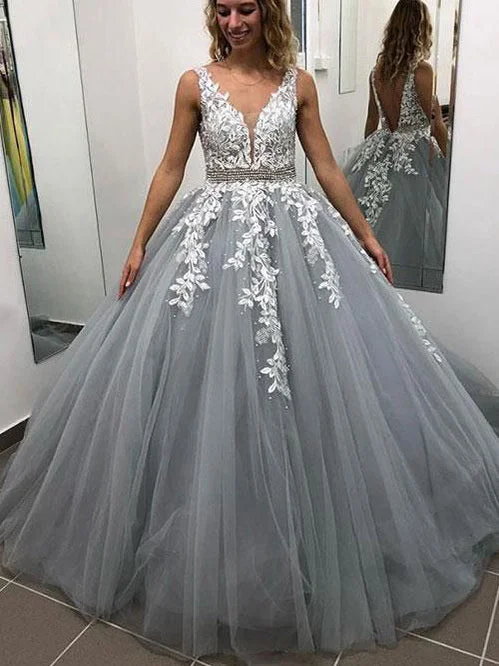 Fantastic Deals Open Back Prom Dresses with Straps Aline V Neck Appliques Grey Long Prom Dress JKL1612