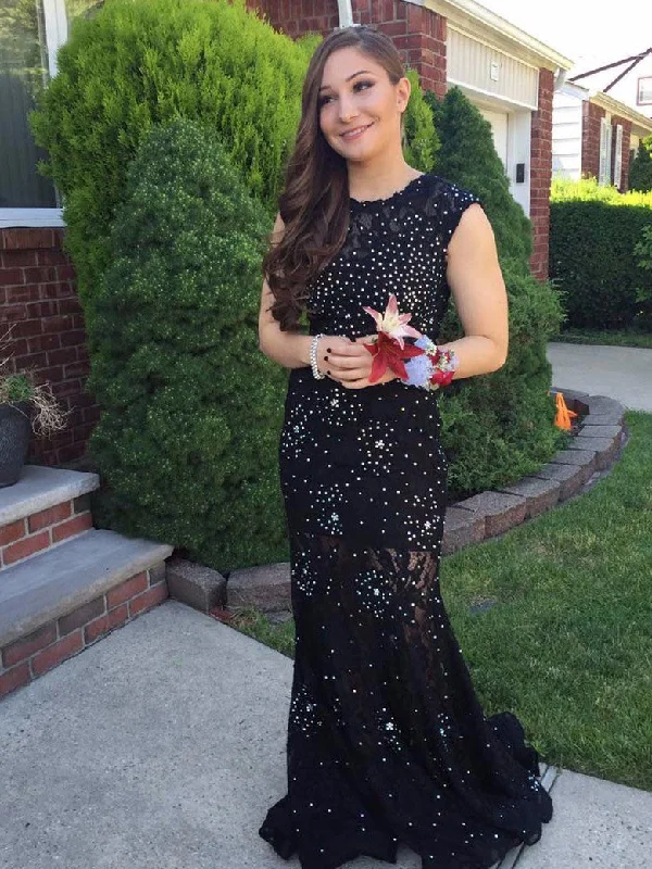 Epic Deals Lace Prom Dresses Scoop Sheath Column Sequins Short Train Long Sexy Prom Dress JKL620