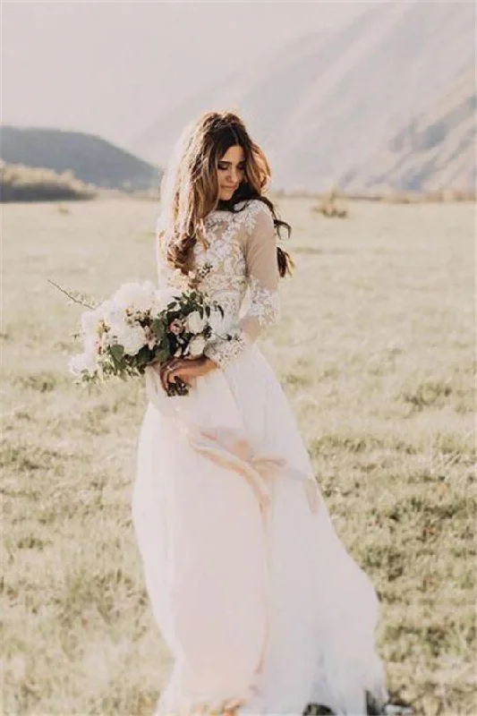 Lowest Prices Chic Long Sleeves Tulle A line Wedding Dresses Appliques Floor Length Bridal Gowns