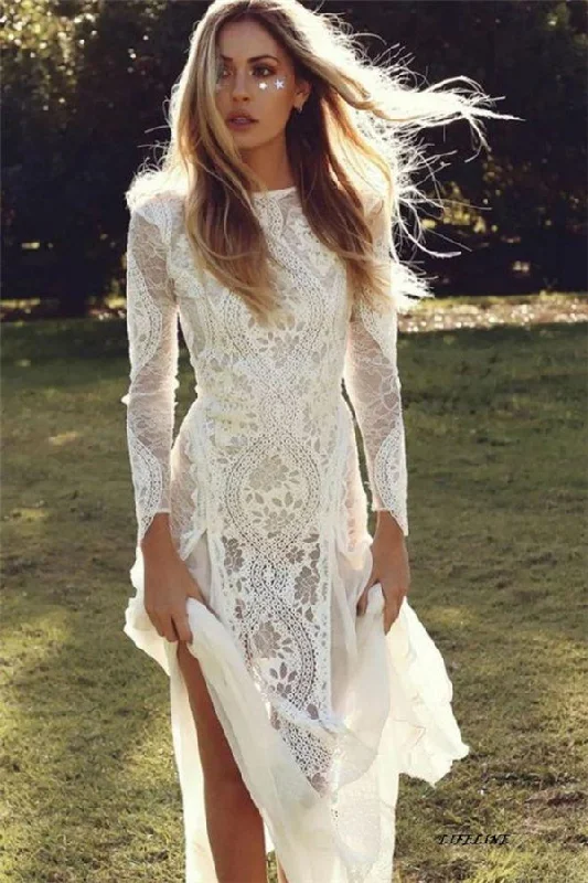 Today Only Classic Beach Long Sleevess Backless Lace Beach Wedding Dress Simple Summer Casual Bridal Gowns Online