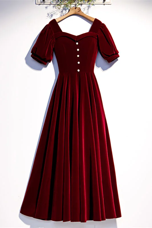 Take Advantage denim dressBurgundy A-line Puff Sleeves Folded Neck Tea Length Formal Dress with Button