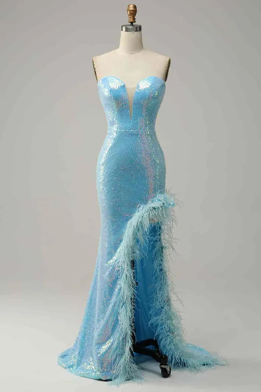 Massive Deals ashionable dressSky Blue Mermaid Strapless Sparkly Long Formal Dress