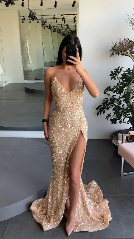 Price Fest pleated dressGold engagement dress spaghetti straps prom dress leg split sequins evening dress Y71
