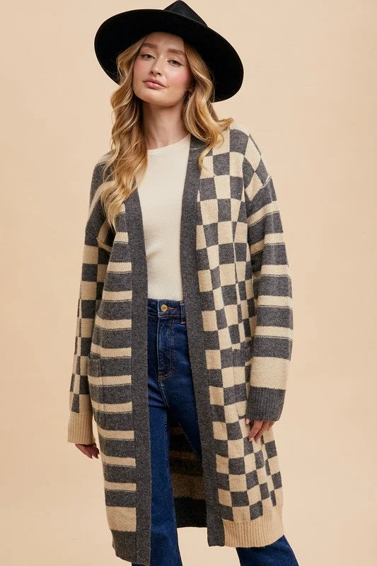 New Arrival casual fit hoodiemodern sports hoodieAnnie Wear Checkered & Striped Open Front Long Sleeve Cardigan