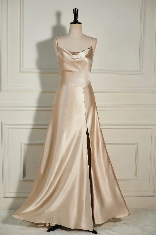 The Best Prices chic dressChampagne Cowl Neck Straps A-line Satin Long Bridesmaid Dress with Slit
