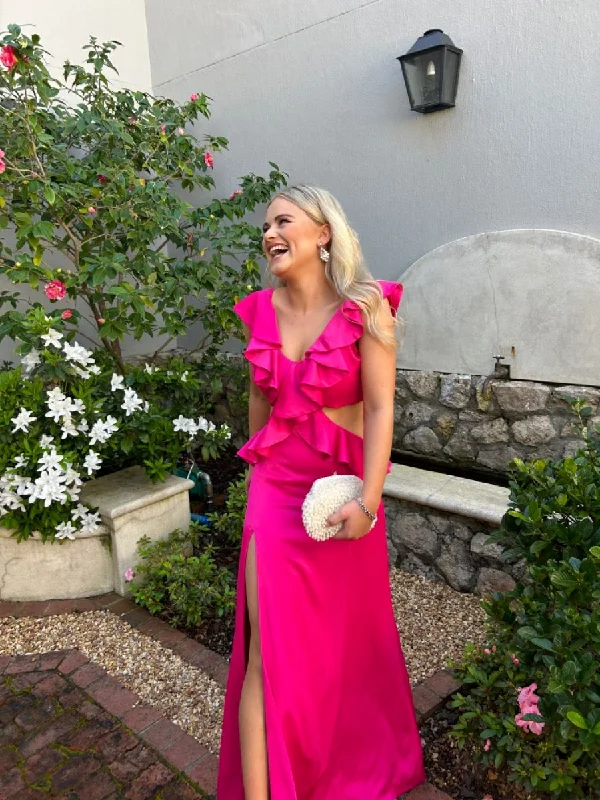 Closeout Sale draped dressClassy Hot Pink Column Prom Dress with Split,Backless Prom Gown,Winter Formal Dress Y4370