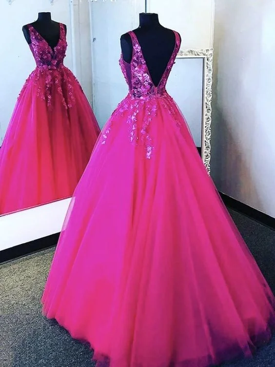 Exclusive Preview minimalistic dressV Neck Hot Pink Tulle Lace Prom Dresses, Backless Hot Pink Floral Formal Evening Dresses S23094