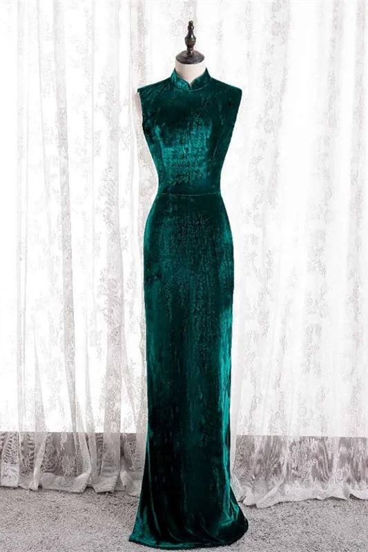 Mega Sale fitted bodycon dressPeacock High Neck Mermaid Sleeveless Velvet Long Formal Dress with Slit
