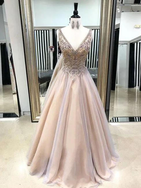 Fantastic Deals Sparkly Prom Dresses with Straps V-neck A Line Long Beaded Tulle Chic Prom Dress JKL1575
