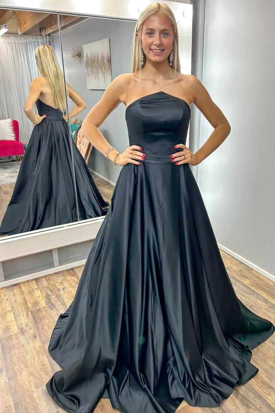 Super Bargain summer dressSatin A-Line Strapless Open Back With Train Party Prom Dress