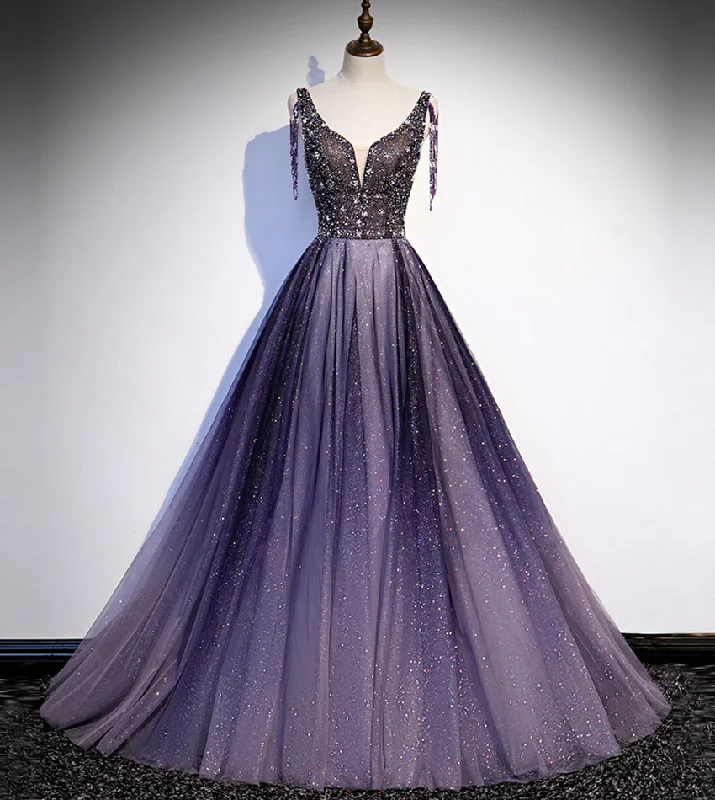 Instant Discount spaghetti strap dressPurple v neck tulle beads long prom dress evening dress s104