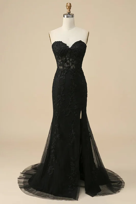 Customer Appreciation Sale comfy maxi dressBlack Strapless Lace-Up Appliques Long Prom Dress with Slit