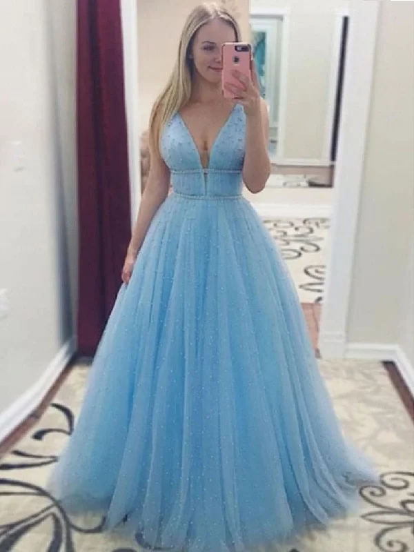 Inventory Reduction Sparkly Prom Dresses with Straps Long Pearl Beading Prom Dress Sky Blue Evening Dress JKL1532