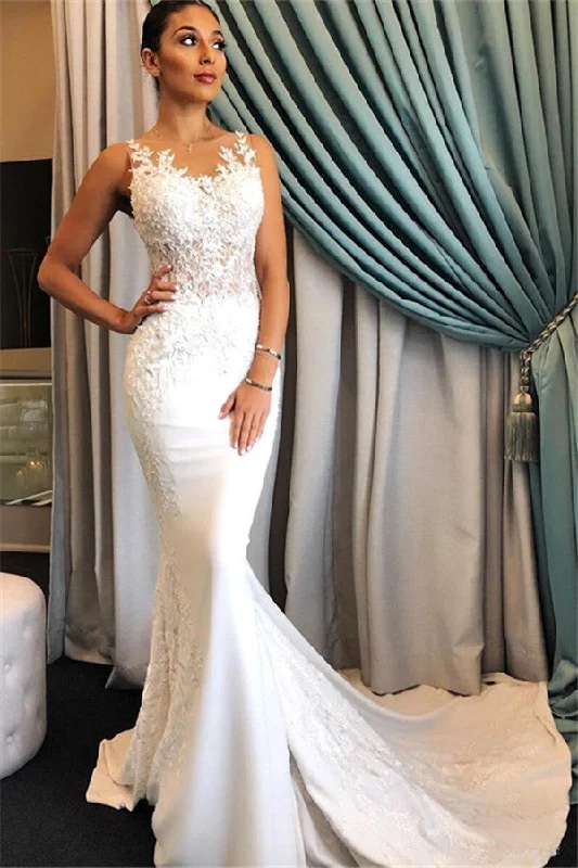 Super Savings Sleeveless Mermaid Classic Bridal Gowns Appliques Lace Wedding Dresses Online
