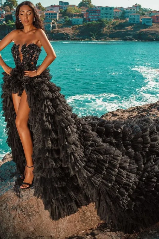 Final Clearance Black Beach Hi Lo Tulle Wedding Evening Gown Sleeveless lace