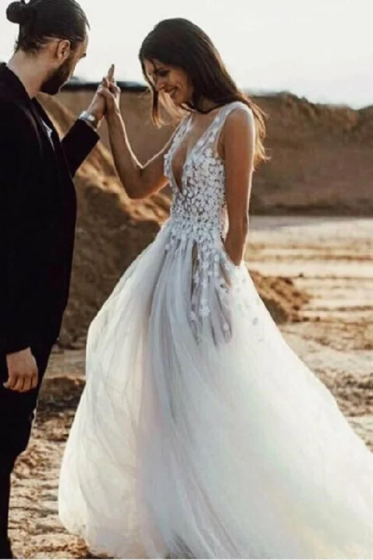 Special Buy Modern V Neck Tulle Lace Appliques Sleeveless Wedding Reception Dress