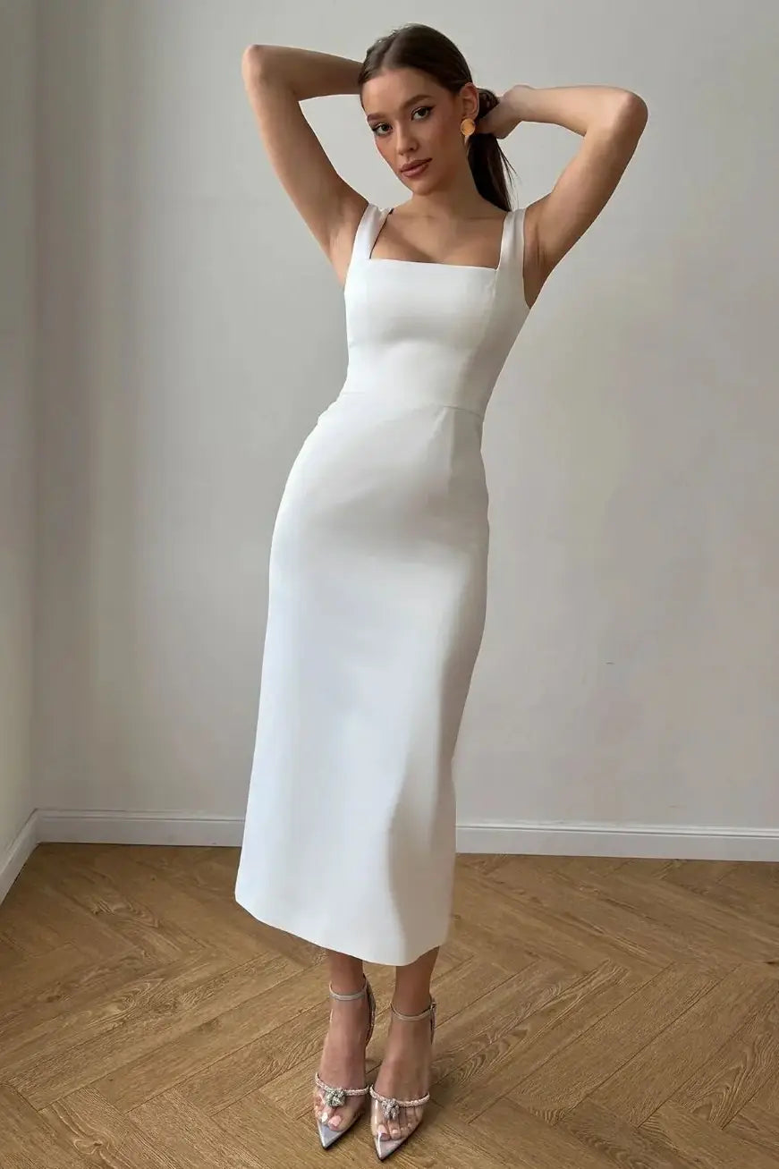 Mega Deal bodycon dressSatin Fitted Square Sleeveless With Slit Wedding Dress