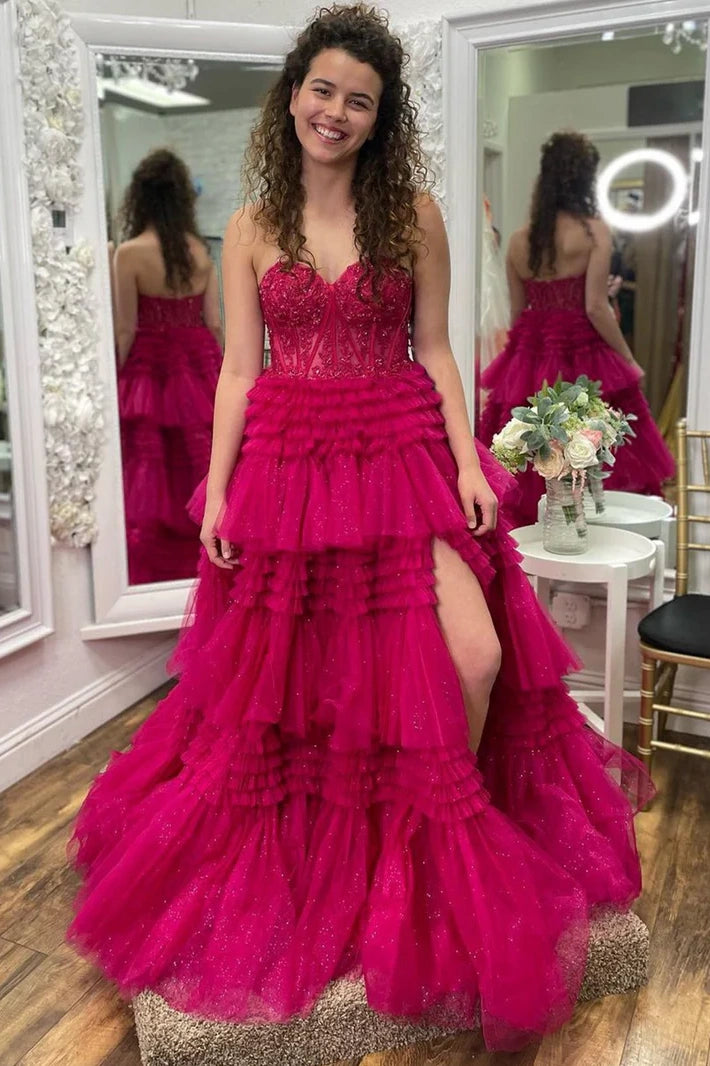 Price Break fitted cocktail dressSweetheart Strapless Tulle A-Line Empire Appliques Tiered Prom Dress