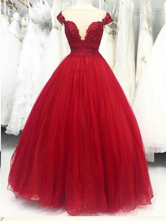 Crazy Savings Burgundy Prom Dresses Cape Sleeve Lace Pearls Prom Dress Ball Gown Evening Dress JKL1615