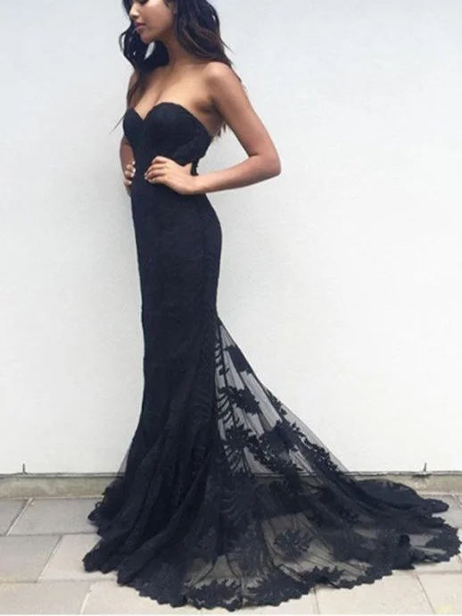 Bargain Prices Sexy Prom Dresses Trumpet/Mermaid Brush Train Long Black Lace Prom Dress JKL526