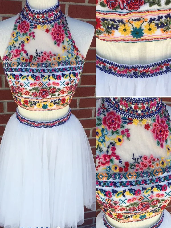 Special Buy Two Piece Homecoming Dresses High Neck Embroidery Short Prom Dress Party Dress JK664