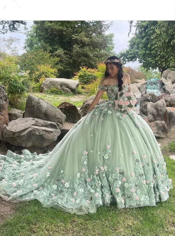Buy More, Save More denim dressLuxury Green Princess Quinceanera Dresses Off Shoulder 3D Flowers Appliques Ball Gown Y4147