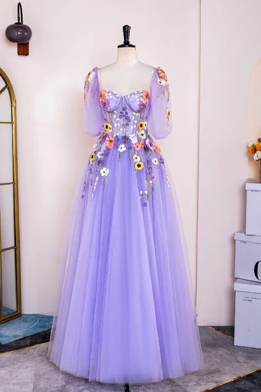 Referral Discount layered dressLavender Floral Appliques Puff Sleeves A-line Long Prom Dress