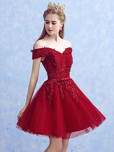 Big Discounts Burgundy Homecoming Dress Off-the-shoulder A-line Short Prom Dress Party Dress JK565