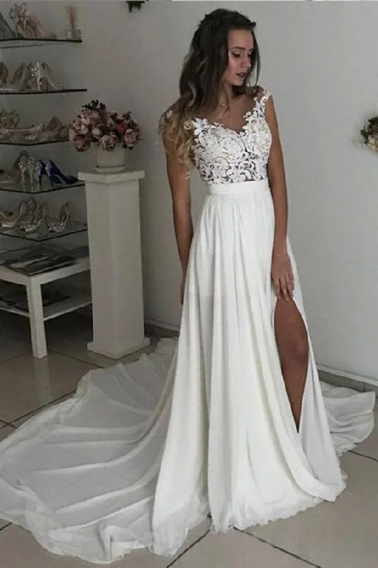 Anniversary Sale Cap sleeves V neck Chiffon Front split Court Train Wedding Dress