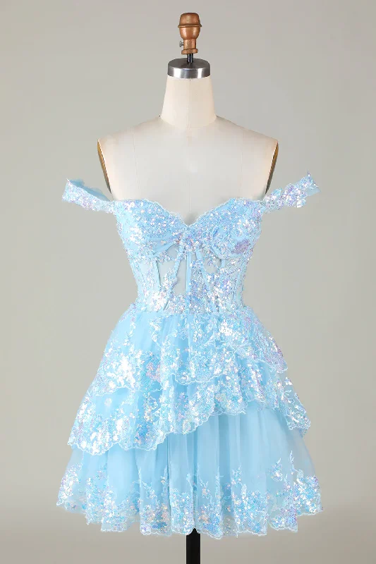 Savings Alert cocktail party dressSparkly Blue Corset Tiered Lace A-Line Short Homecoming Dress Y4083