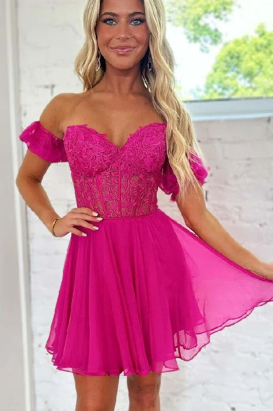 Best Seller trendy mini dressLace Off the Shoulder A Line Homecoming Dress with Appliques