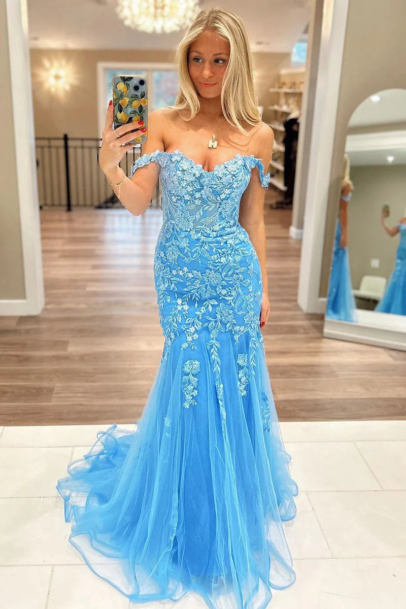 Can't Miss casual midi dressTrumpet Off-Shoulder Lace Appliques Tulle Prom Dress