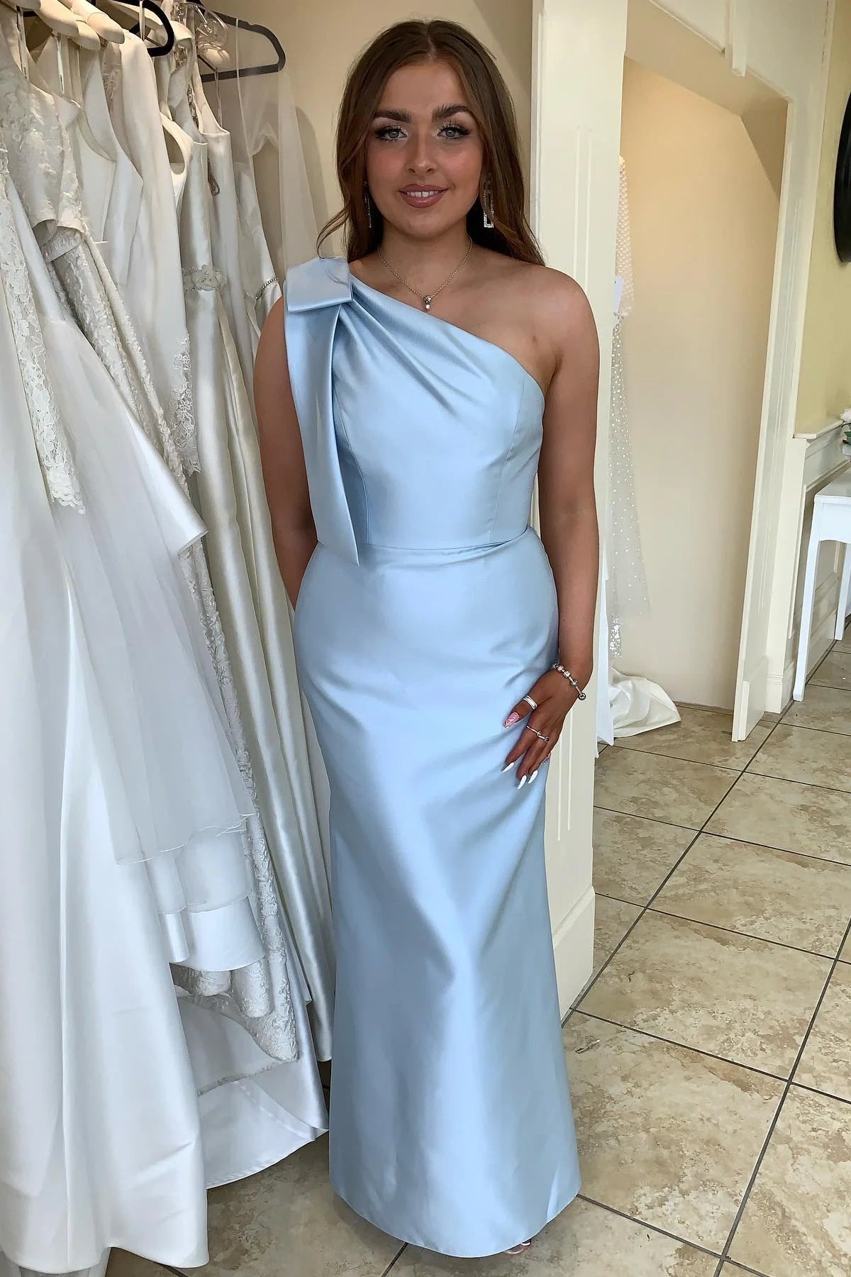 TIME-Limited Offer flowy dressBow One Shoulder Empire Long Bridesmaid Dress