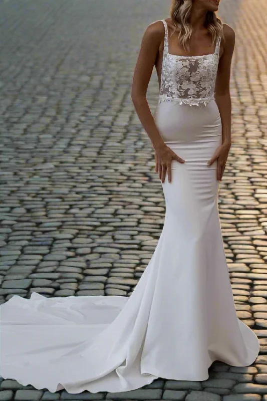 New Markdowns printed dressSquare Sleeveless Appliques Empire Mermaid Wedding Dress
