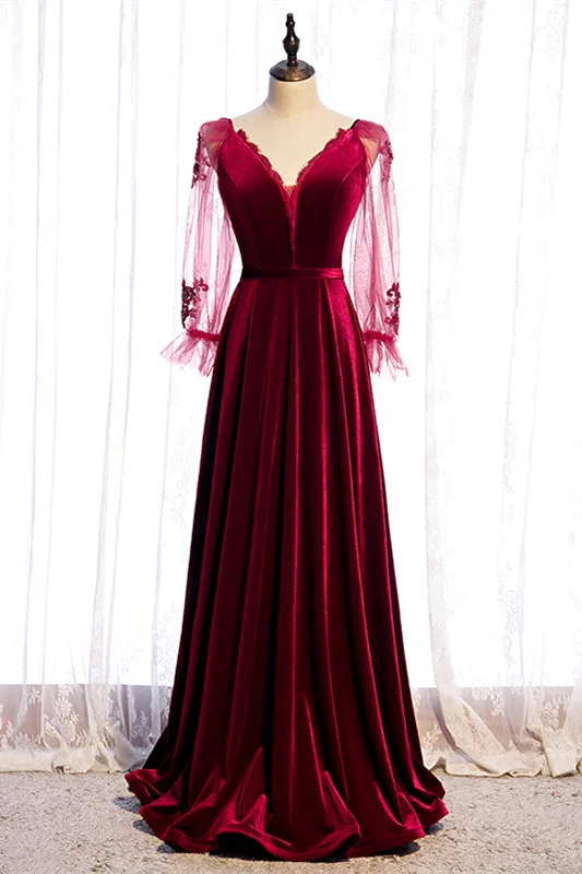 Best Bargains trendy wrap dressBurgundy A-line V Neck Long Sleeves Beaded Appliques Maxi Formal Dress