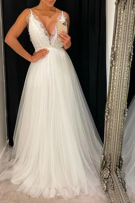 Weekend Deal trendy bodycon dressTulle A-Line Low V-Neck Backless Beach Wedding Dress